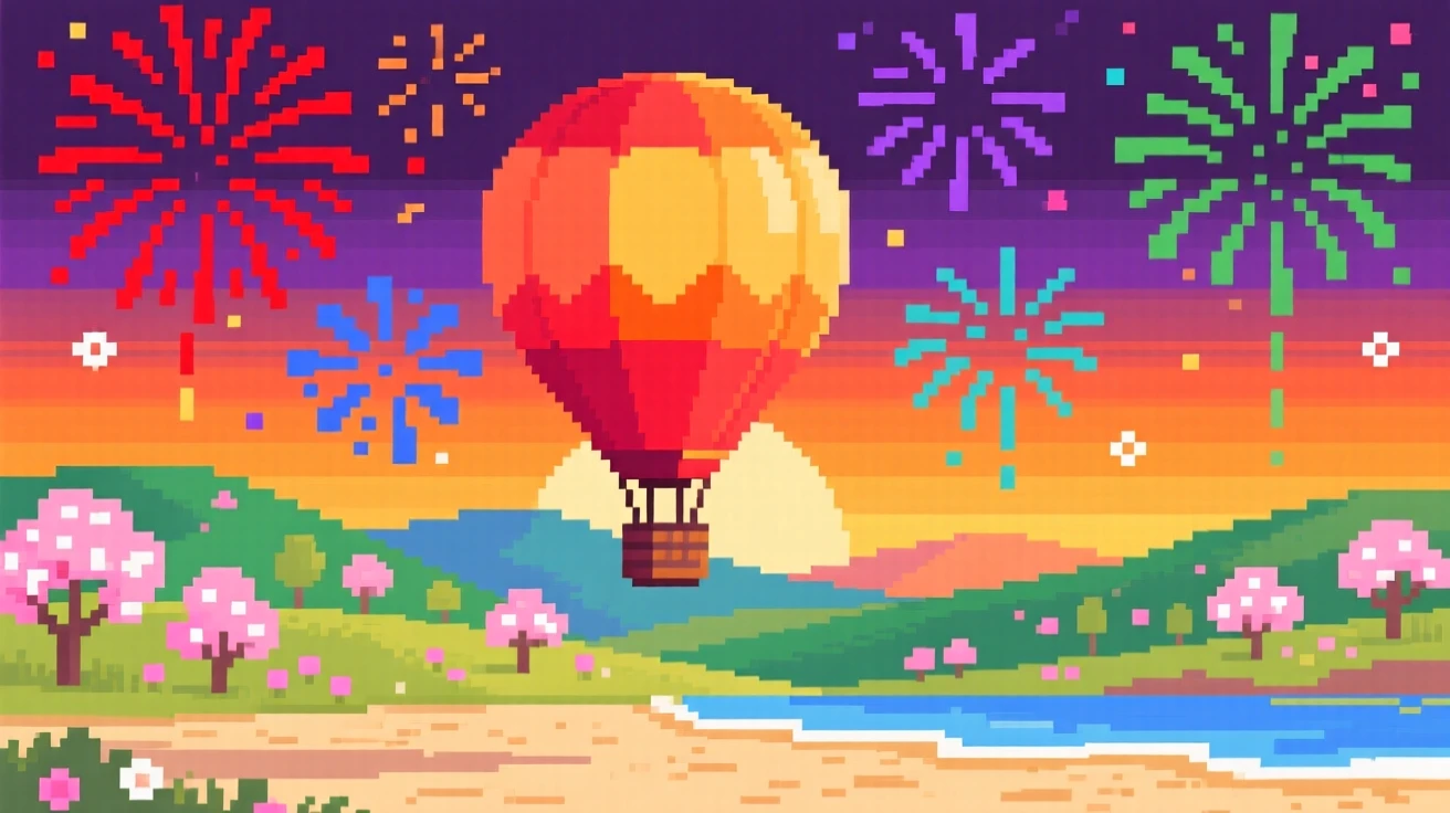 A hot air balloon over a spring valley set against a sky full of fireworks, on a sandy beach during a golden summer sunset.