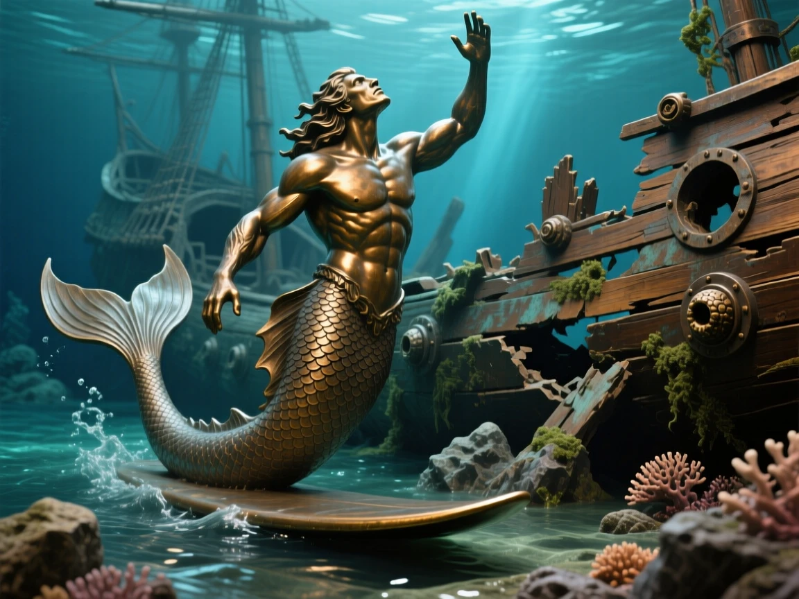 A merman surfacing beside a sunken ship, bathed in ethereal, otherworldly glow, radiating awe and grandeur
