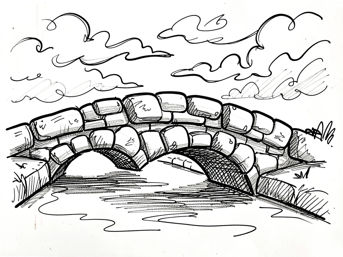 A stone bridge over a quiet canal beneath a sky full of drifting clouds.
