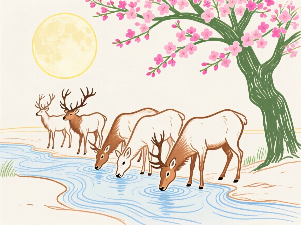 A herd of elk drinking from a stream under a blossoming tree under a full moon.