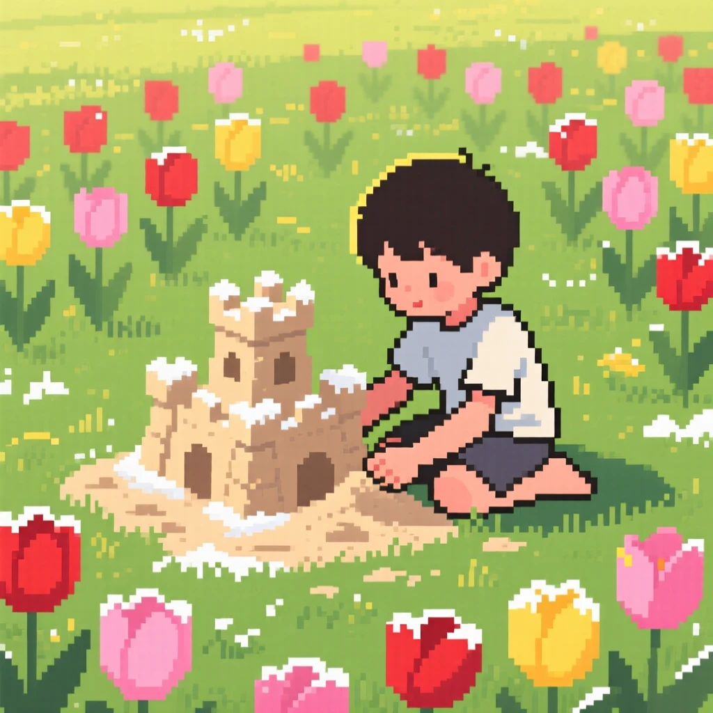 A child building a sandcastle dusted lightly with the season's first frost, in a sunlit spring meadow full of tulips.