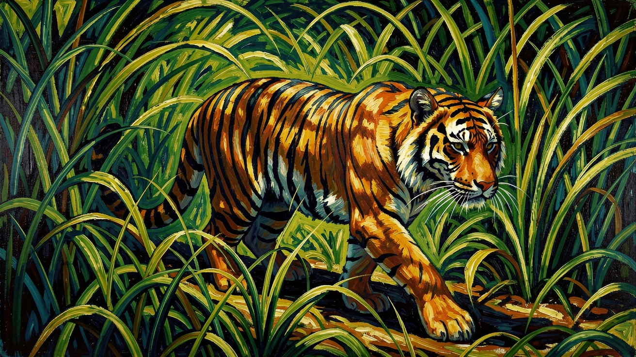 A tiger moving silently through tall jungle grass, stripes blending with dappled shadow.