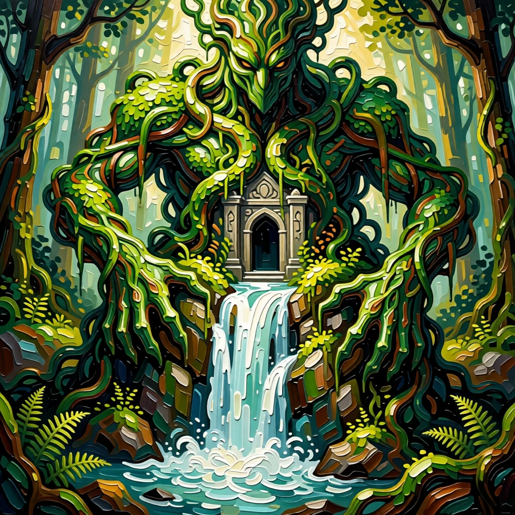 a forest guardian made of vines and moss curling protectively around a hidden waterfall shrine
