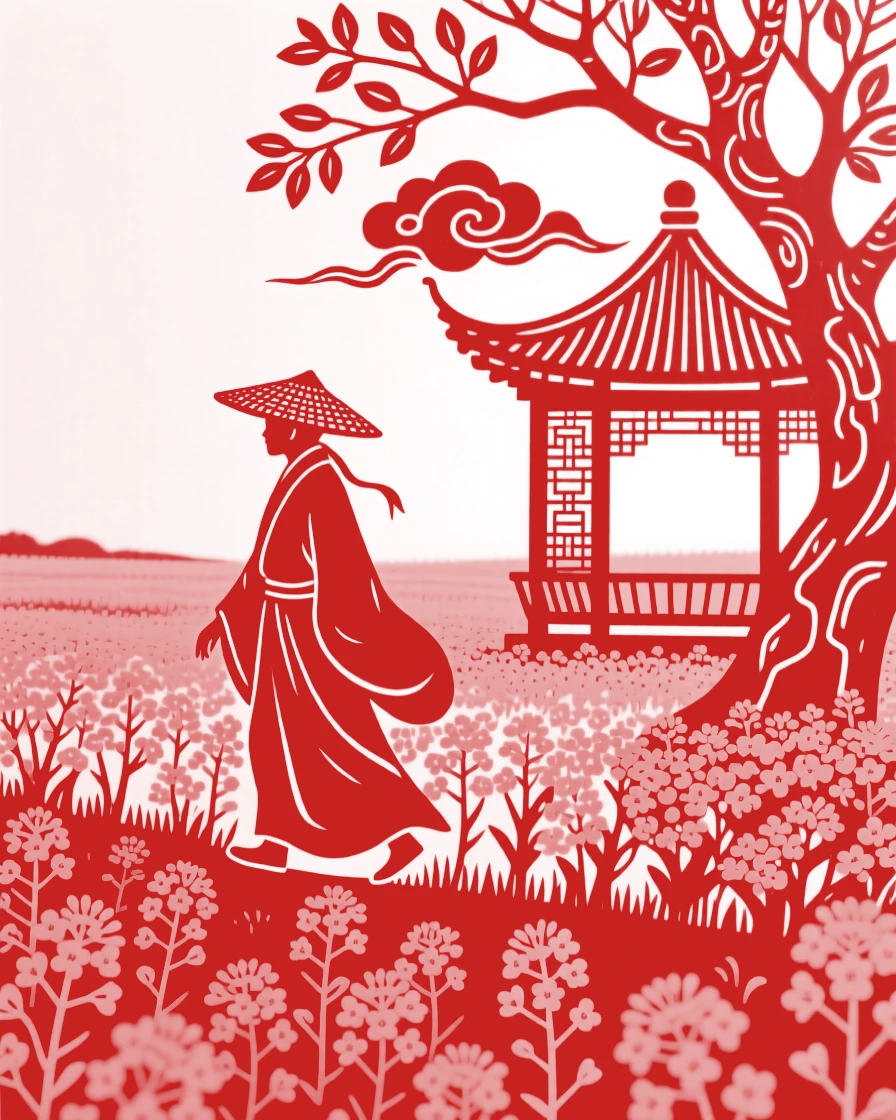 A composition of a solitary traveler through fields of blooming rapeseed, a small pavilion just visible through the trees.