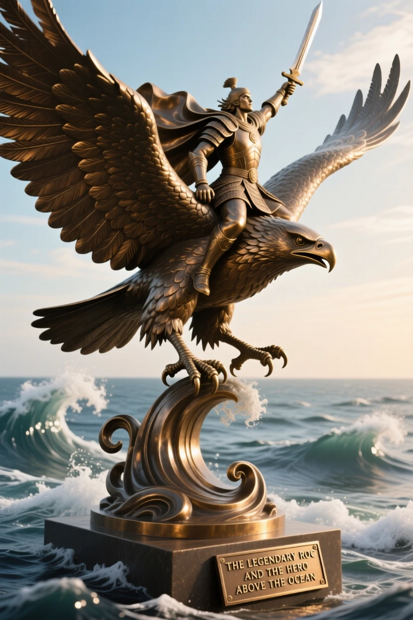 A legendary roc carrying a hero across the ocean, bathed in ethereal, otherworldly glow, radiating awe and grandeur
