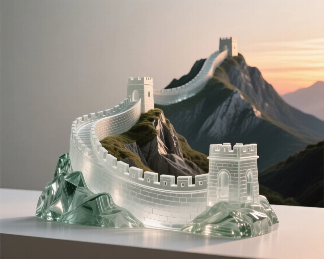A fortress wall winding along the ridge of a distant mountain, beneath a sky streaked with the colors of sunset
