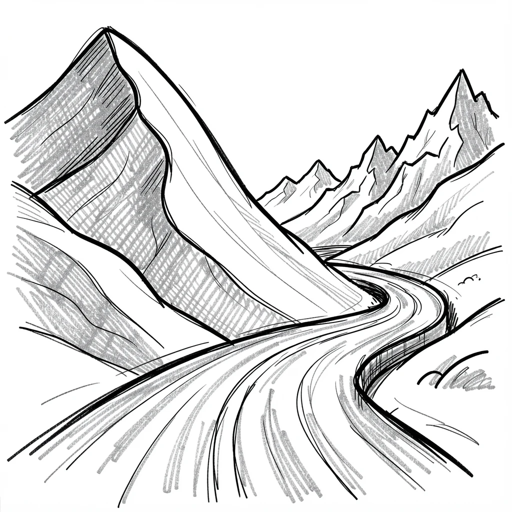 A desert landscape with towering sand dunes beside a winding mountain road.