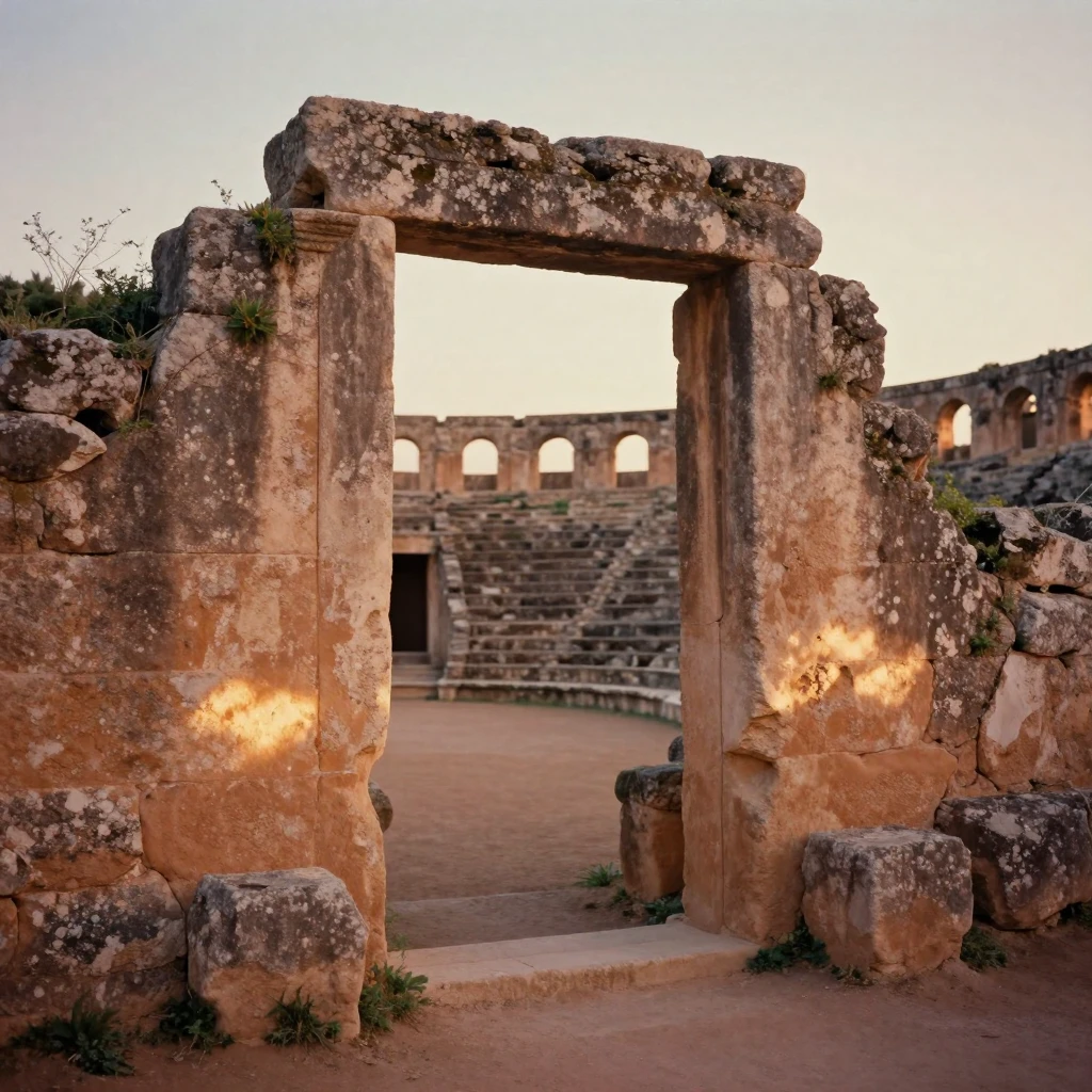 An ancient stone amphitheater bathed in warm evening light, in low lamplight, as heat shimmers over the ground, in early spring, in earthy terracotta and ochre shades, framed through an open doorway.
