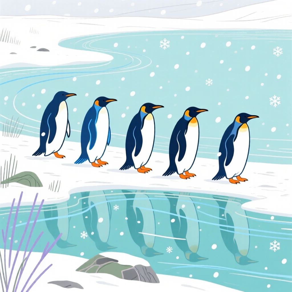 A group of penguins wandering beside a still lake during a light snowfall.