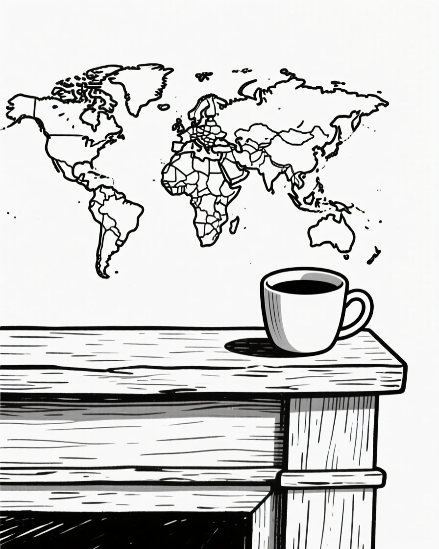 A hand-drawn world map resting on a rustic mantelpiece, surrounded by a cup of coffee, evoking quiet curiosity.