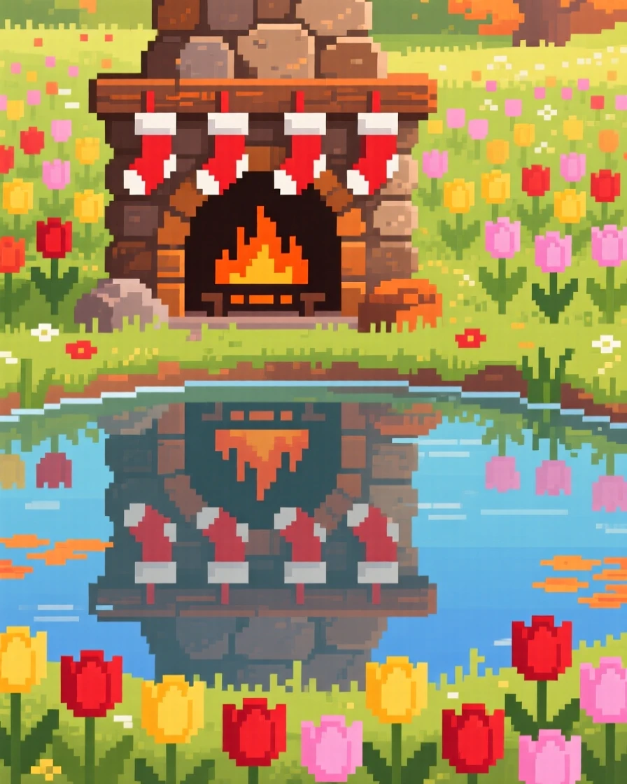 A fireplace stocked with stockings reflected in a calm autumn pond, in a sunlit spring meadow full of tulips.
