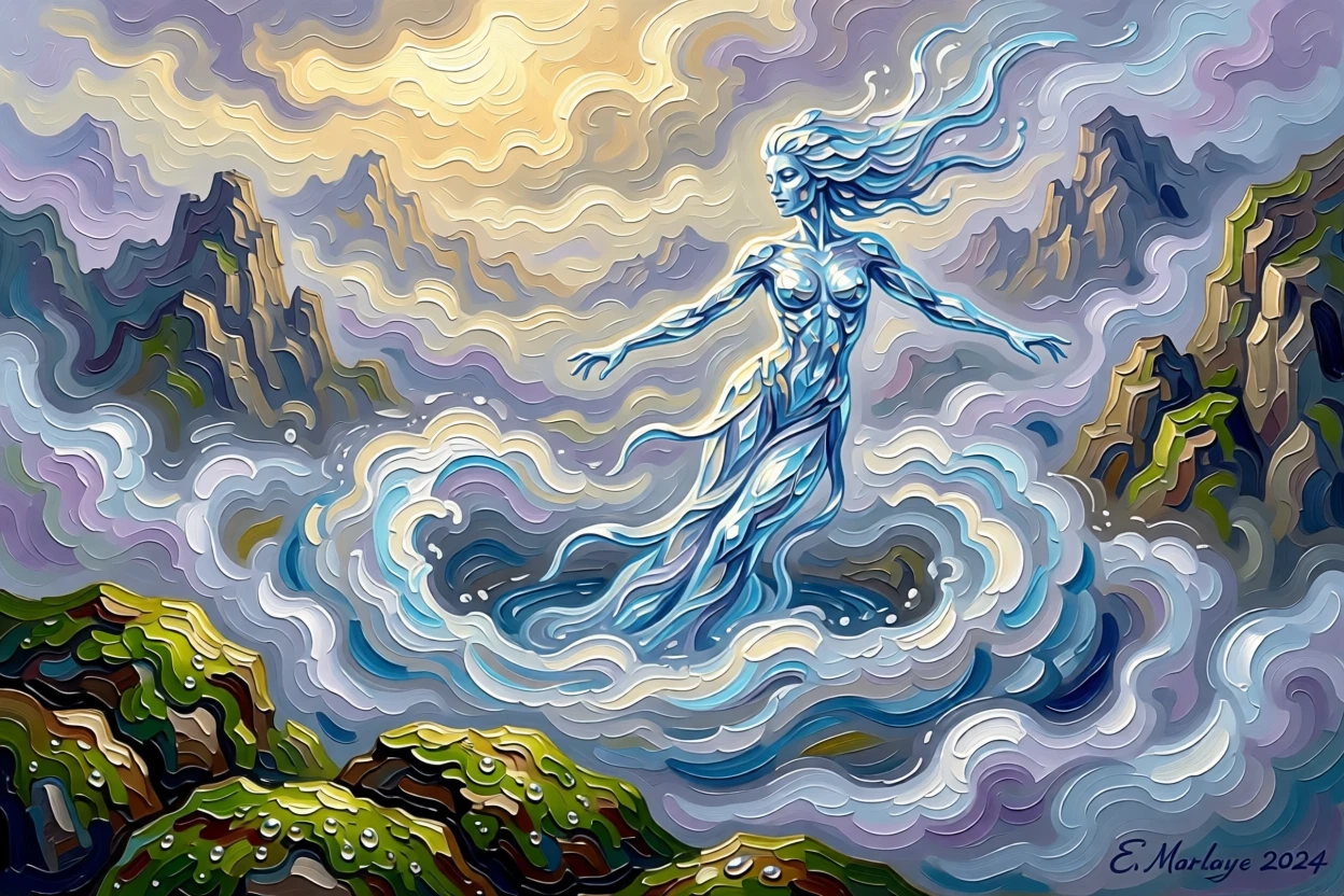 a shimmering water spirit emerging from a swirling mountain mist