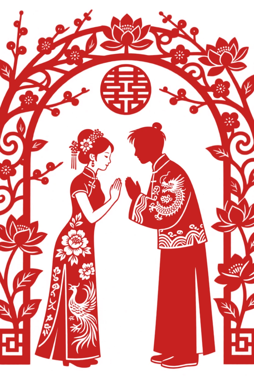 A bride and groom in traditional red wedding attire bowing to each other beneath a flowering arch