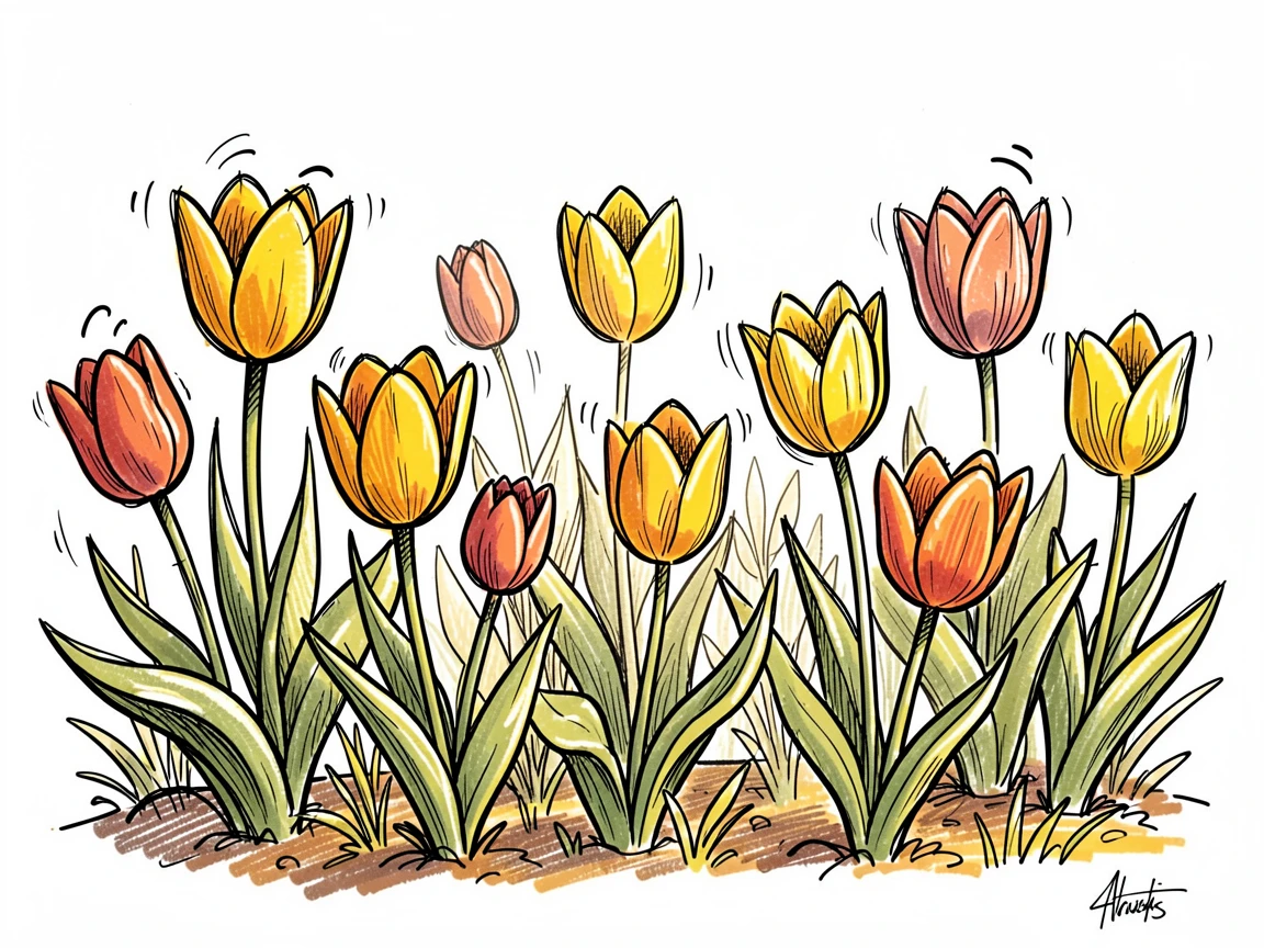 A garden full of blooming spring tulips during a golden autumn afternoon.