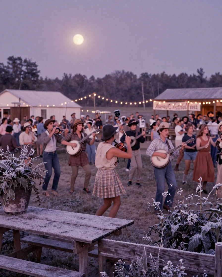 A crowd celebrating a harvest festival with music and dancing, under moonlight, with frost coating every surface, during the long days of summer, in dusty lavender and rose tones, through a rain-streaked window.