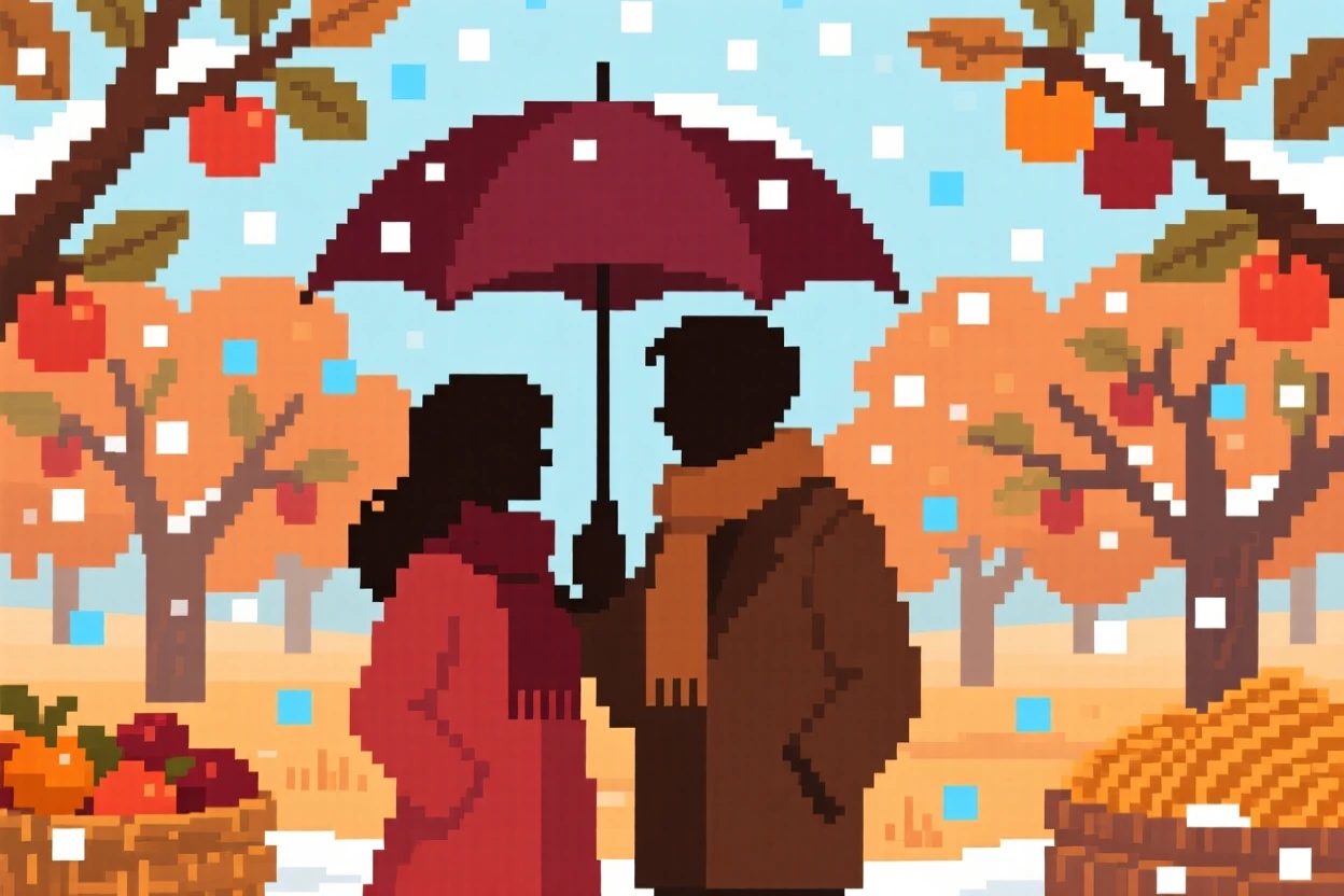 A couple sharing an umbrella surrounded by falling snowflakes, in an orchard during harvest season.
