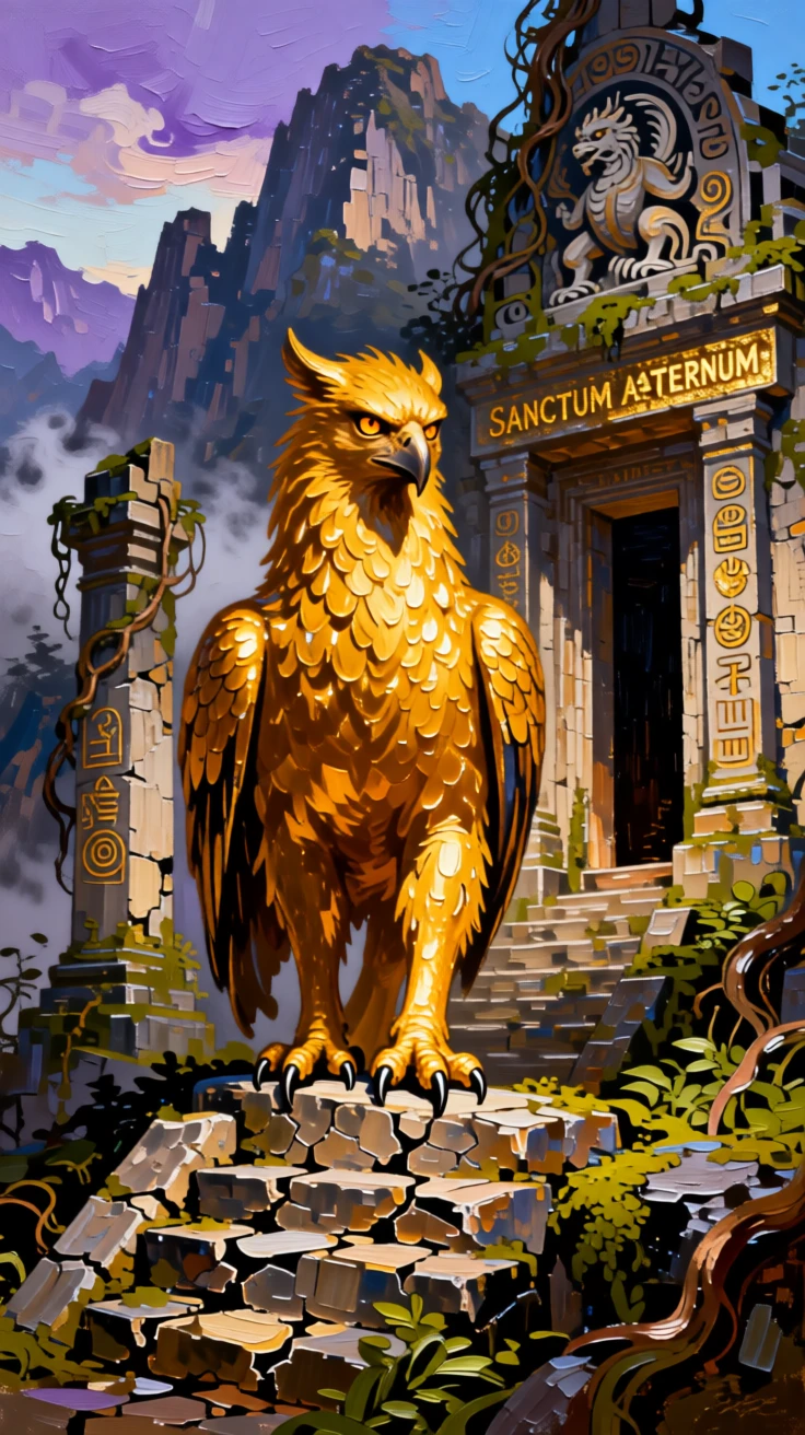 a golden griffin guarding a mountain temple standing guard over an ancient ruined temple