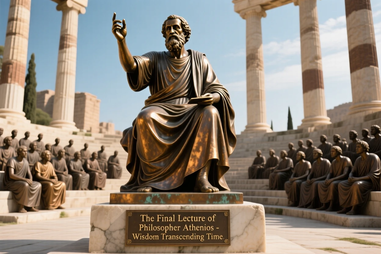 An ancient philosopher's final lecture to his students, framed by sweeping, monumental scale, evoking legend and timeless drama