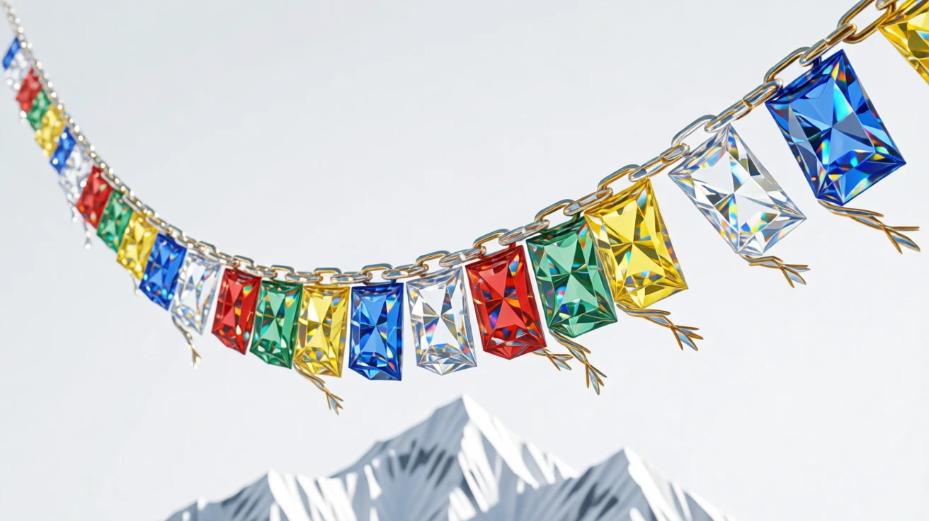 A traditional Tibetan prayer flag chain fluttering across a Himalayan mountain pass.