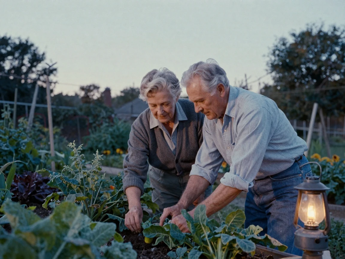 An older couple tending a shared vegetable garden side by side, in low lamplight, on a clear, cloudless day, in the mild days of early autumn, in cool blues and silvery greys, peering through foliage in the foreground.