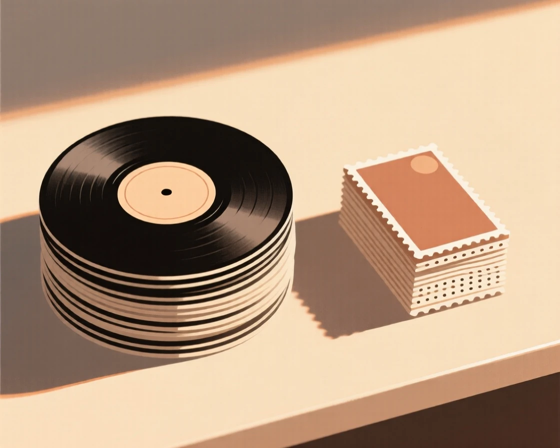 A close-up study of a stack of vinyl records placed beside a stack of postage stamps on a sunlit study, full of vintage warmth.