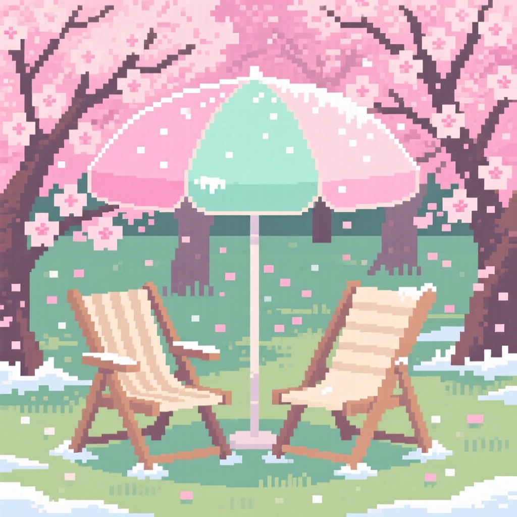 A beach umbrella and folding chairs dusted lightly with the season's first frost, in a garden bursting with cherry blossoms.