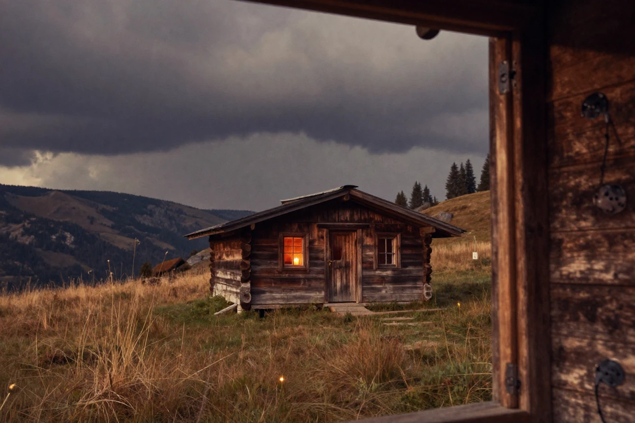 A shepherd's hut perched on a high mountain pasture, under flickering candlelight, under a darkening storm sky, during the long days of summer, dominated by warm amber and rust tones, framed through an open doorway.