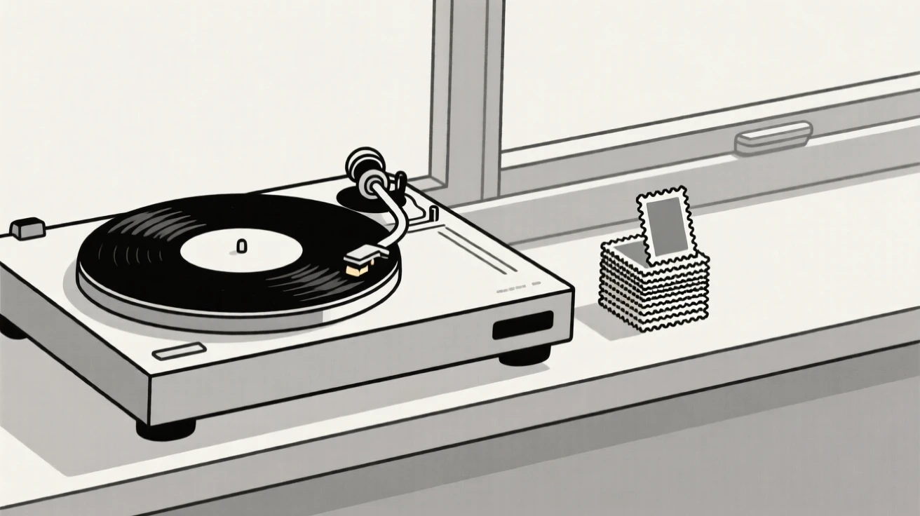 A close-up study of a record player placed beside a stack of postage stamps on a windowsill in soft light, full of calm order.