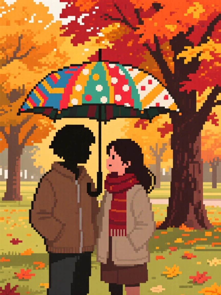 A couple sharing an umbrella wrapped in ribbons and gift paper, in a park during peak autumn color.