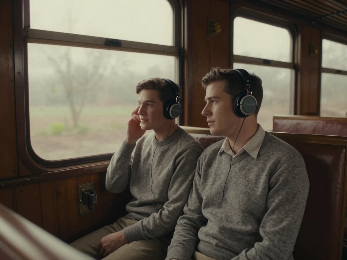 Two friends sharing headphones on a long train journey, in soft window light, as mist rises off the ground, in early spring, with a soft sepia-tinted glow, viewed from across the room.