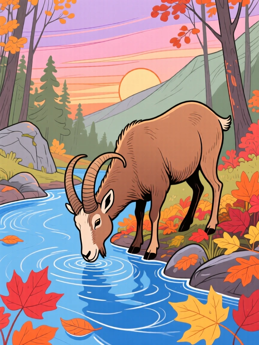 A mountain goat drinking from a stream among autumn leaves at sunset.