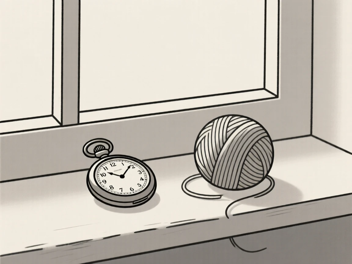 An antique pocket watch resting on a windowsill in soft light, surrounded by a ball of yarn, evoking quiet curiosity.