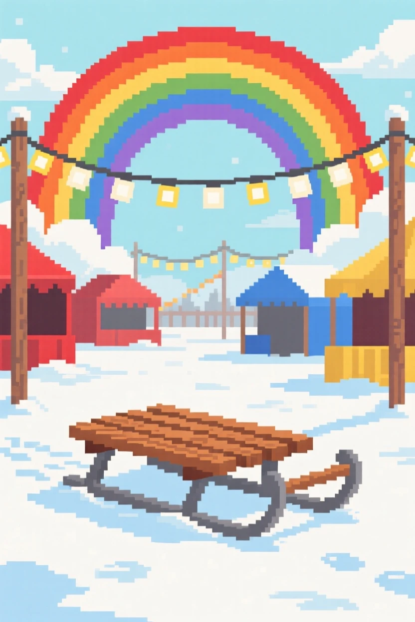 A sled resting in fresh snow framed by a rainbow after summer rain, at a countryside fair under strings of lights.