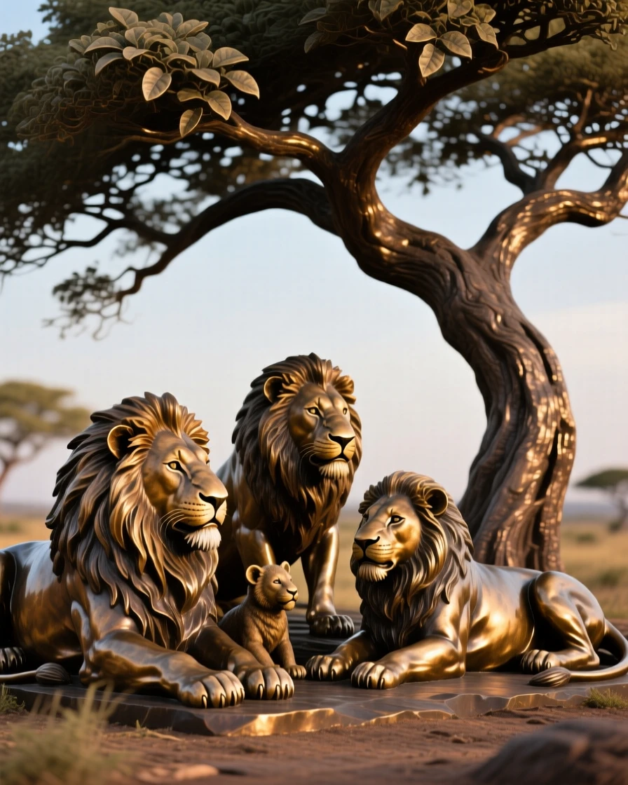 A lion pride resting beneath an acacia tree, rendered with rich, dynamic energy, evoking wonder and majesty