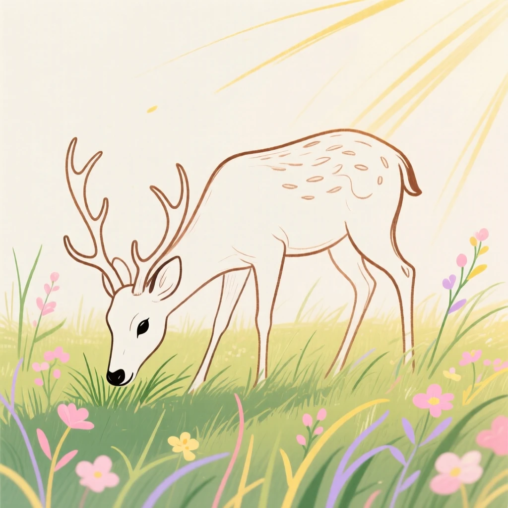 A gentle deer grazing in a sunlit meadow in early spring.
