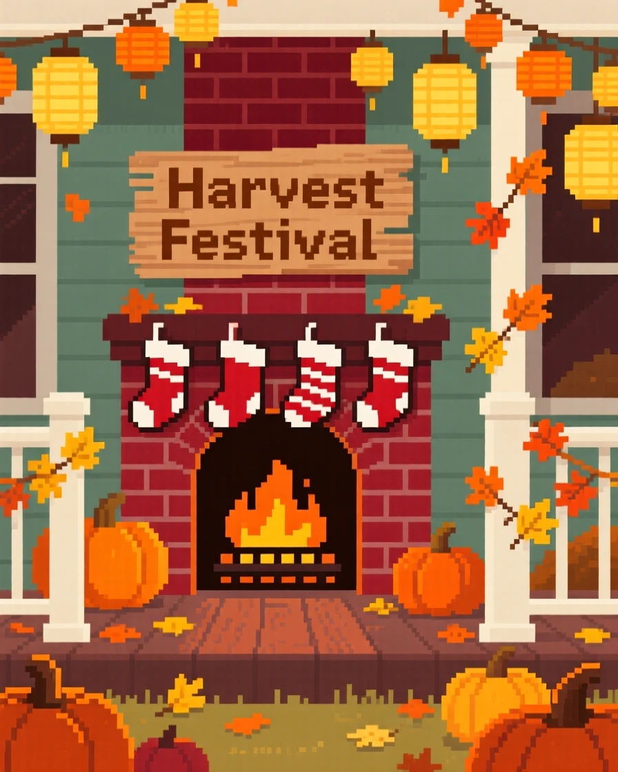 A fireplace stocked with stockings lit by dozens of small paper lanterns, on a porch decorated for a harvest festival.
