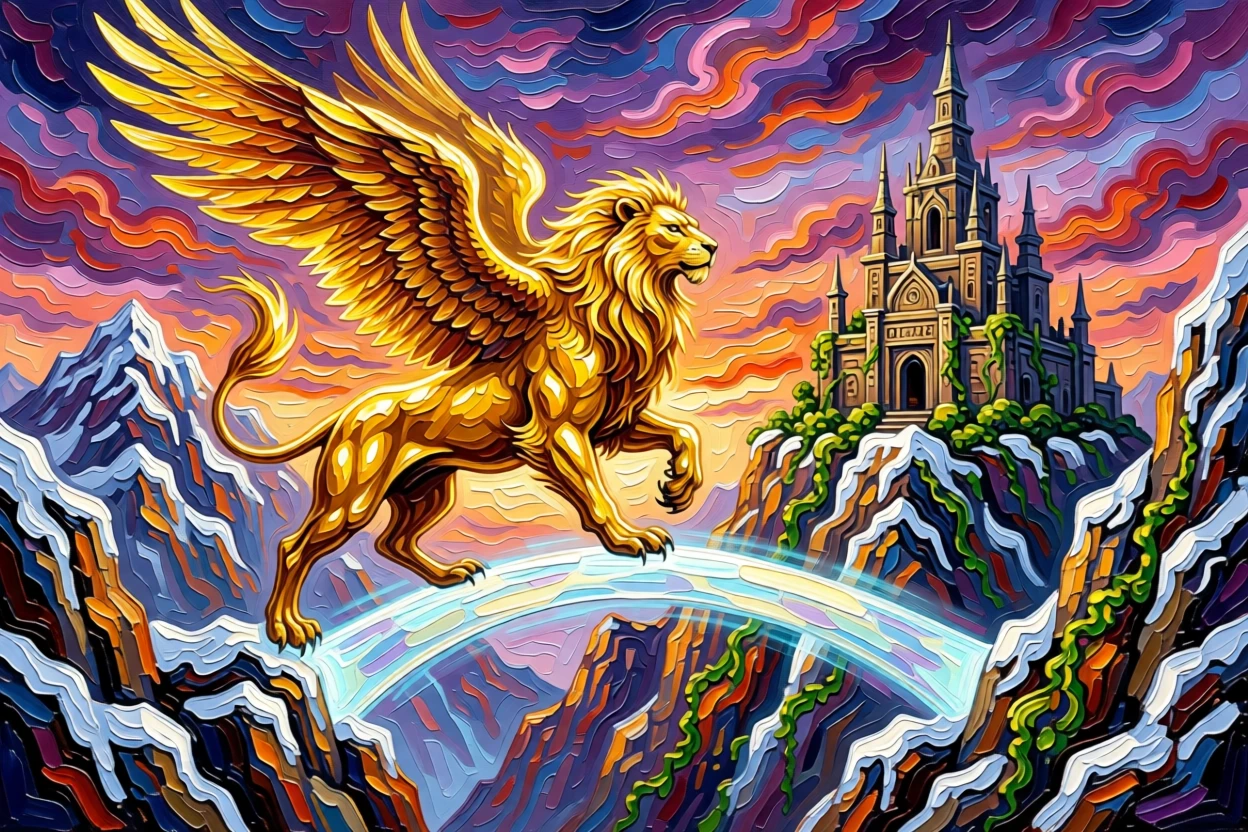 a golden griffin guarding a mountain temple crossing a bridge of light between two mountain peaks