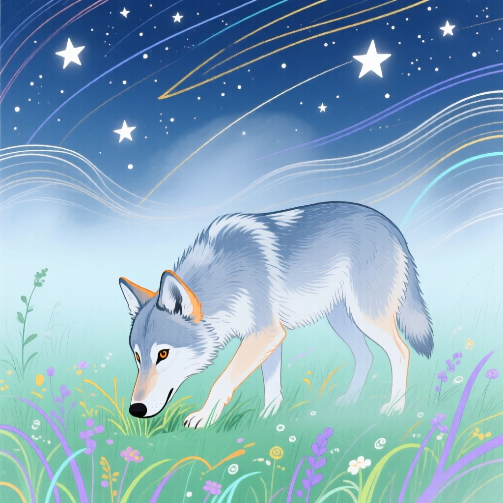 A young wolf grazing in a misty morning field under a clear starry sky.
