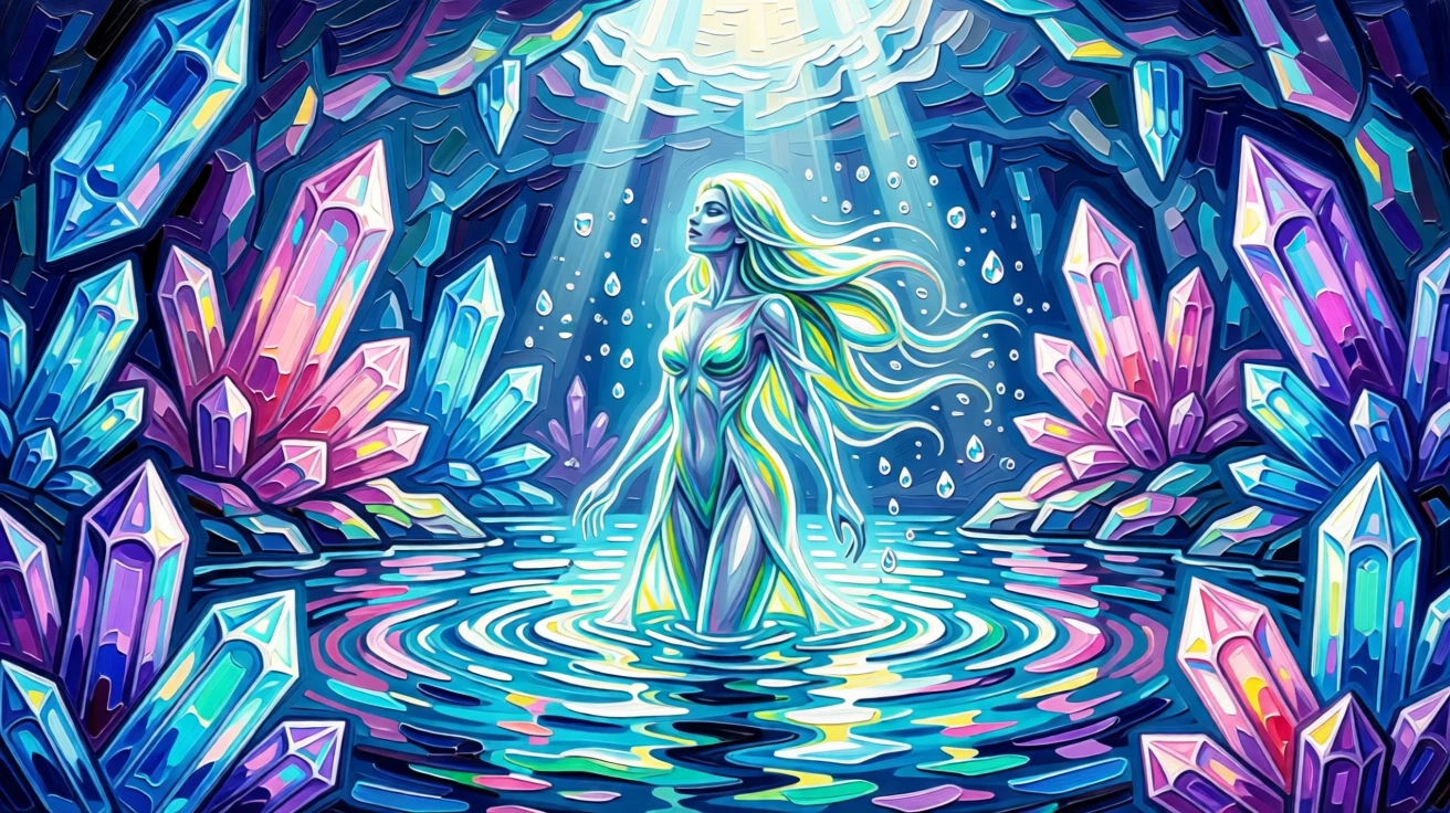 a shimmering water spirit awakening within a crystal cavern lit by glowing gems