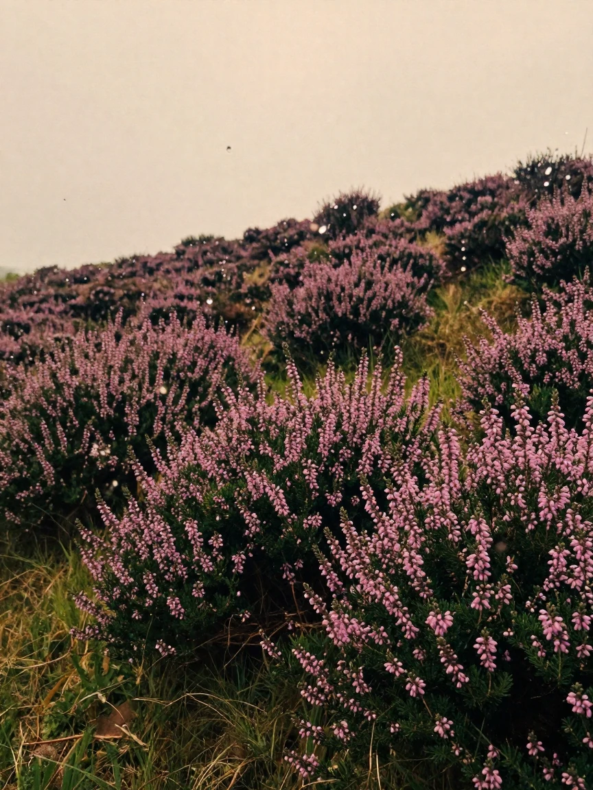 A hillside covered in blooming heather under a soft sky, in low lamplight, on a clear, cloudless day, in the height of summer, with deep emerald greens and browns, through a rain-streaked window.