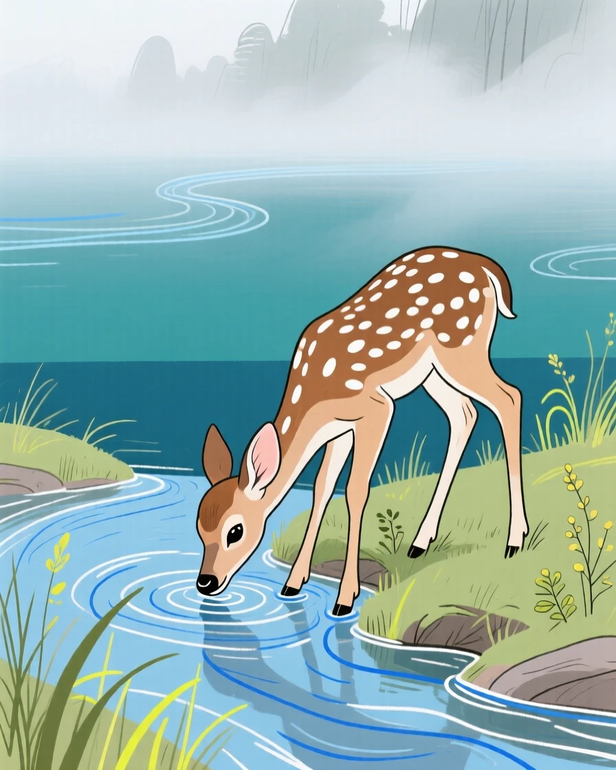 A spotted fawn drinking from a stream beside a still lake as fog rolls in.