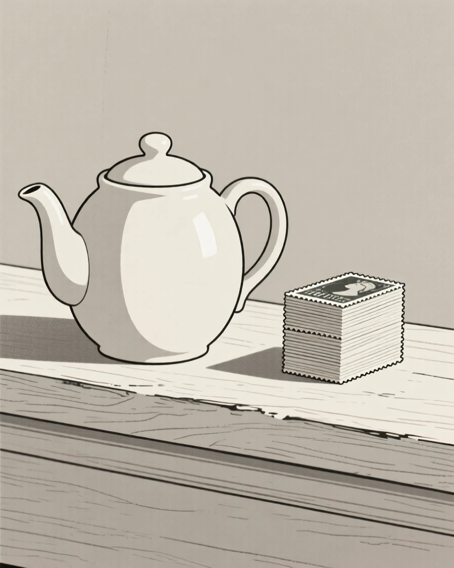 A close-up study of a ceramic teapot placed beside a stack of postage stamps on a rustic mantelpiece, full of understated elegance.