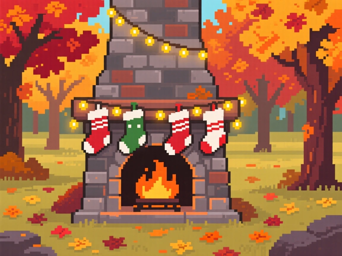 A fireplace stocked with stockings decorated with strings of warm lights, in a park during peak autumn color.