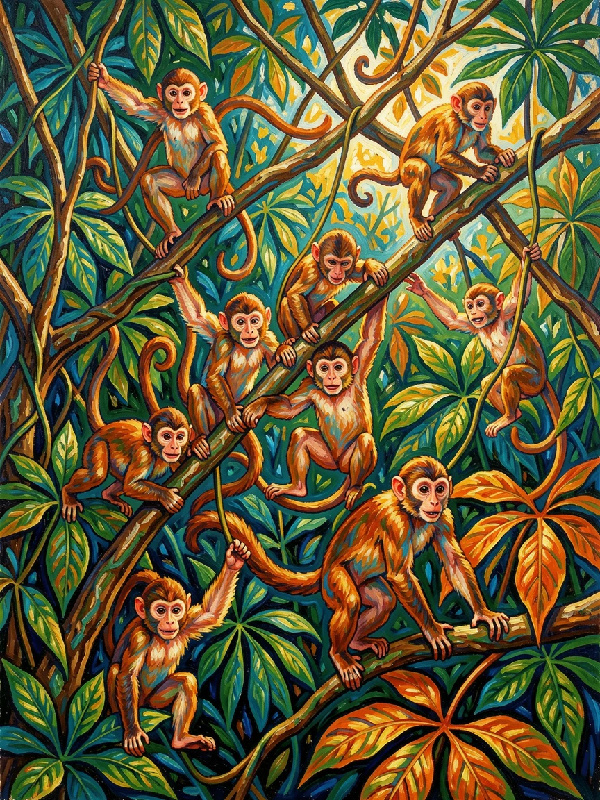 A troop of monkeys swinging through the dense canopy of a tropical rainforest.