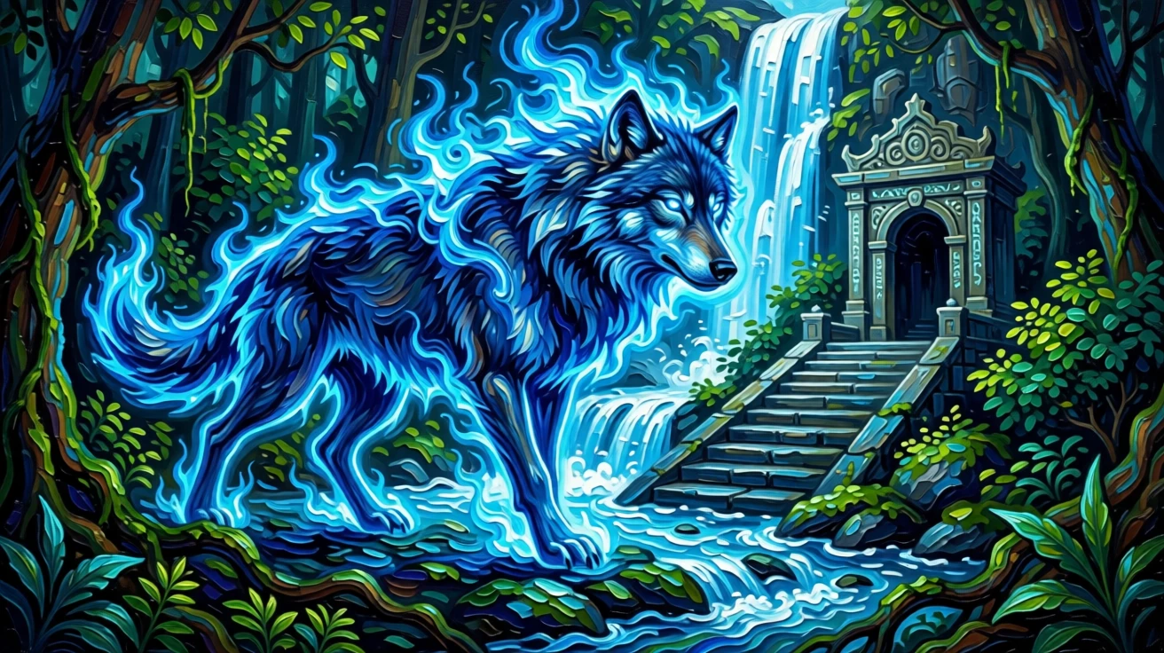a wolf spirit wreathed in blue flame curling protectively around a hidden waterfall shrine