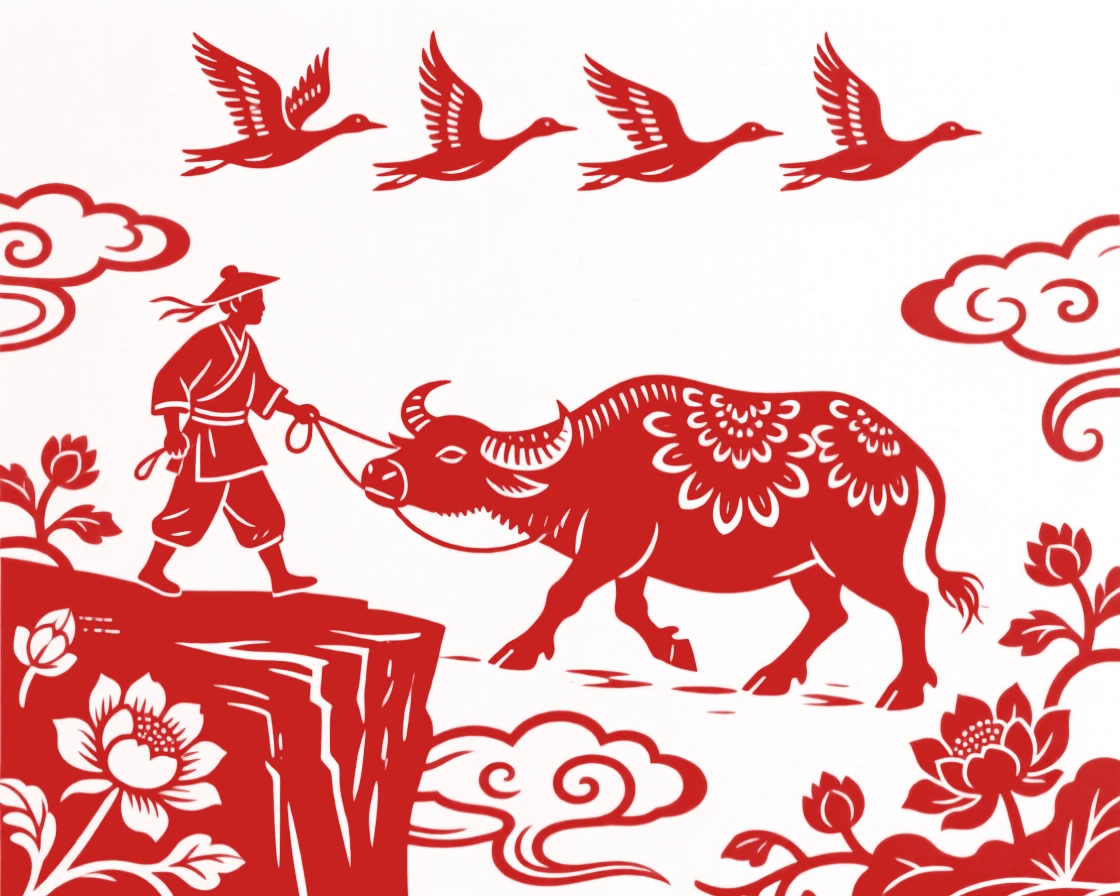 A composition of a farmer leading a water buffalo along a cliffside path above the clouds, wild geese flying in formation overhead.