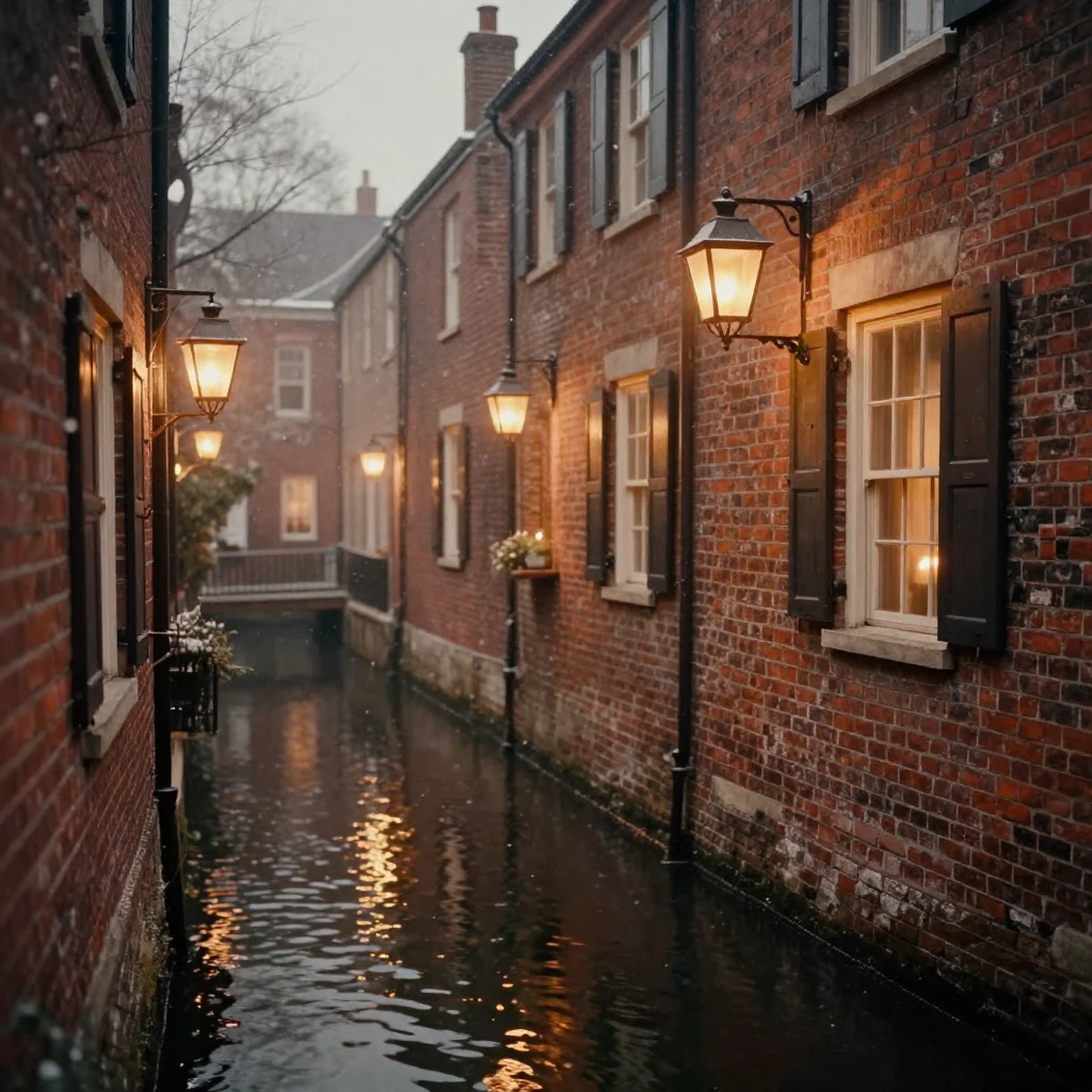 A quiet canal winding between historic townhouses at dawn, under flickering candlelight, amid gently falling snow, in the height of summer, dominated by warm amber and rust tones, in a tight close-up.