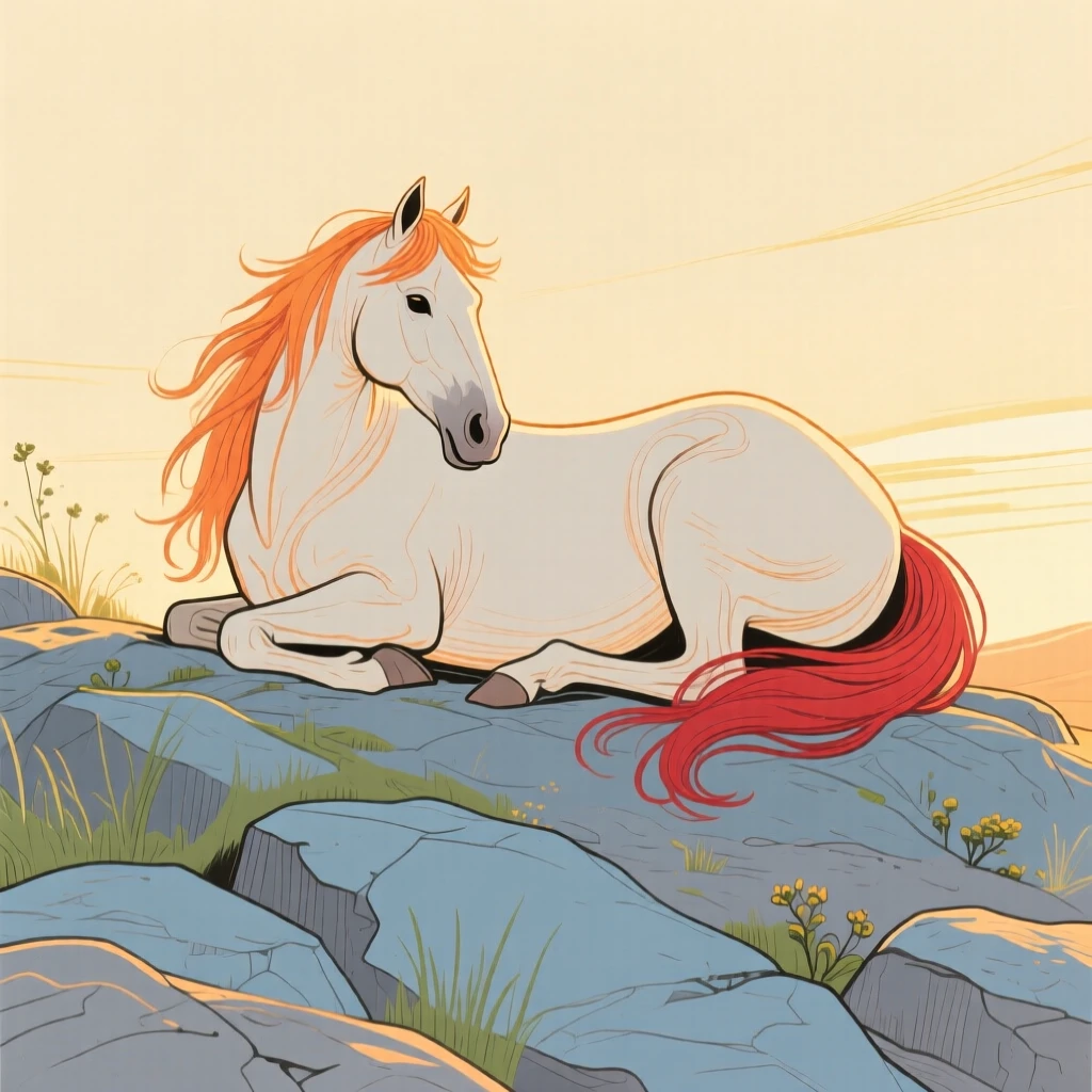 A wild mustang curled up together on a rocky hillside during golden hour.