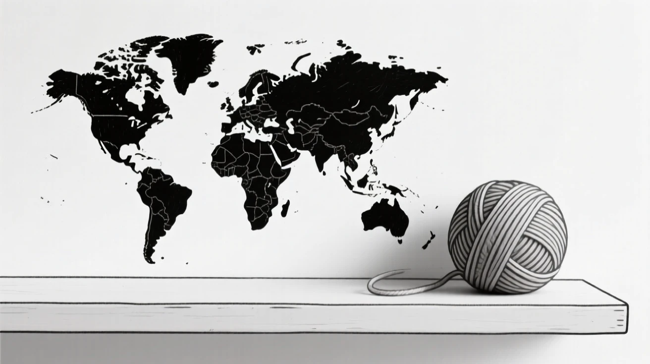 A close-up study of a hand-drawn world map placed beside a ball of yarn on a minimalist shelf, full of nostalgic charm.