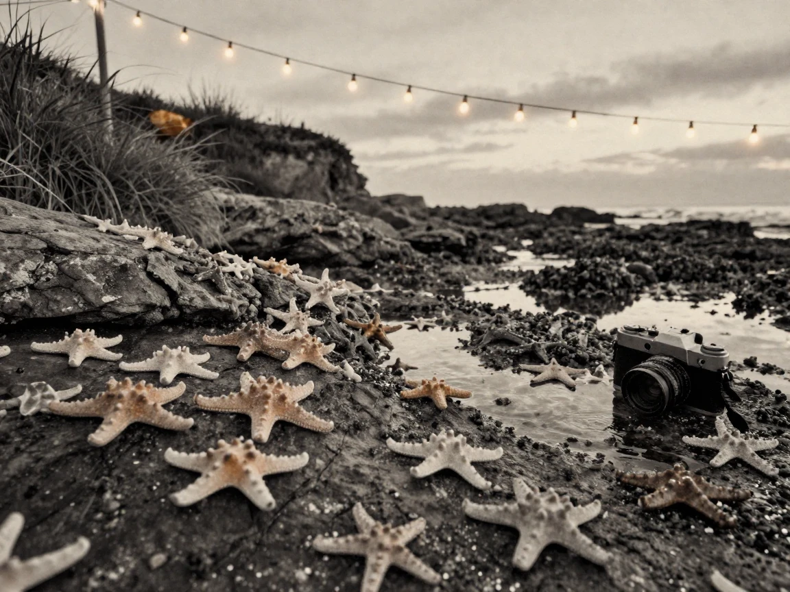 Tide pools full of colorful starfish along a rocky shoreline, under strings of warm string lights, with a soft breeze stirring the air, in the height of summer, with stark black-and-white contrast softened by a single warm hue, captured from a low angle looking up.